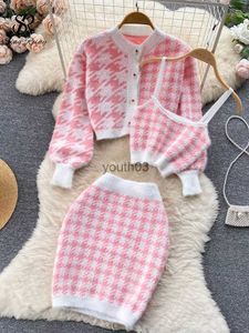 Women's Sweaters SINGREINY Fashion Plaid Knitted Three Pieces Suits Autumn Button Cardigan Top+Mini Camis+Elastic Short Skirt Women Sweater Sets YQ231107