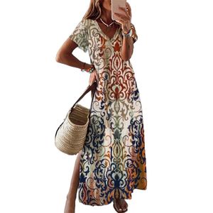 Impressão floral botânica A-line Slimming Dress Dress Long Dress Long Women e American Fresh Fresh Split Sleeve curta para Summer AST2802681