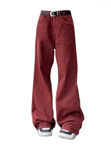 Kadınlar kot pantolon retro retro kırmızı denim geniş bacak pantolon Kore yüksek bel moda rahat tam uzunluk ince pantolon grunge siber y2k