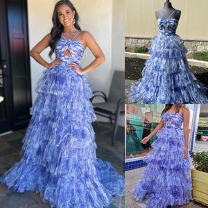 Tryck blommig ruffle prom klänning 2k24 bodysuit nyckelhål halter lila tiered tulle preteen lady pageant formell kväll cocktail party runnings svartband gala sherri