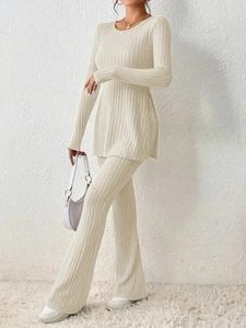 Dwuczęściowe spodnie damskie eleganckie okrągłe szyję długie spodnie z zestawu 2023 jesień zimowy kolor stały kolor swobodny Slim Pant Suit S 3xl 231107