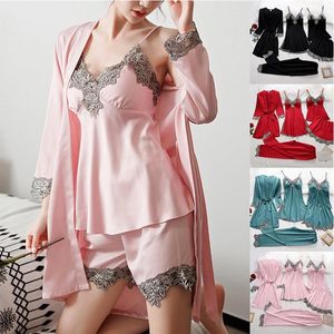 Damen Nachtwäsche Damen 5 STÜCKE Seidenrobe Schlafanzug Spitze Satin Pyjamas Kleid Set V-Ausschnitt Cami Nachthemden Tragen Pijama Home Nachtwäsche Frühling