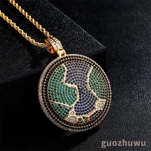 Top Quality New Hip-hop Necklace With Rotating Earth Map Round Pendant Full Cz Cuibc Zircon Fashion Accessories For Men And Women Bling Hip Hop Rapper Jewelry Gifts