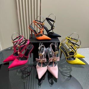 Modische Gladiator-Pumps aus Seidensatin mit Schleife und spitzer Zehenpartie, 10,5 cm Stiletto-Leder-Außensohle, Sandalen für Damen, Luxus-Designer-Party-Abendschuhe, Größe 35–42 mit Box