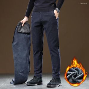 Calças masculinas inverno velo escovado casual engrossado quente fino em linha reta cintura elástica preto calças de negócios roupas de marca