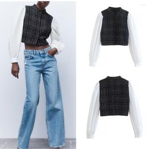 Women's Jackets COS LRIS 2023 Spring Fashion Plaid Texture Black And White Stitching Long-sleeved Temperament Short Shirt Top 7969229084