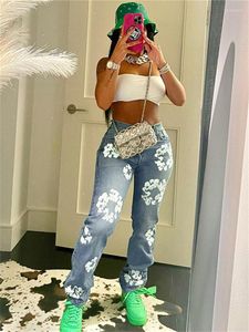 Frauen Hosen Aualay Herbst Casual Print Baggy Jeans Hose Frauen 2023 Hohe Taille Soild Mode Taschen Gerade Straße Blaue Hose Weiblich