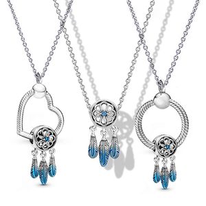 Blue Tassel Dream Catcher Pendant Halsband Diy Fit Pandora Designer Jewelry Plume Charms rem avlägsnande pärlor halsband kvinnor fest bröllop gåva