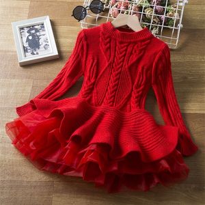 Dziewczyna sukienki Dziewczynki z dzianinowym sukienką jesień/zima ciepłe przyjęcie urodzinowe potargane ubrania księżniczki czerwone świąteczne dyskotekę 230407