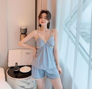 Moda feminina 2pcs verão azul de pijama de cetim definido mulheres roupas caseiras sexy casas de renda sem mangas roupas de noite