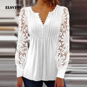 Women's Blouses Shirts Spring Summer Lace Long Sleeves Blouses Slim V Neck Long Sleeves Casual Solid Color Pullovers Elegant Commute Women's 230407