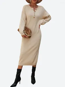 Casual klänningar Benuynffy Solid Button Front Drop Shoulder Sweater Dress for Women 2023 Fall Winter Elegant Office Work Sticked Long