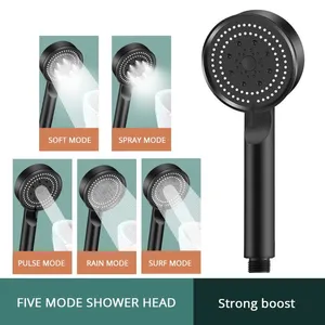 100pcs/lot Shower Head Water Saving Black 5 Mode Adjustable High Pressure Shower One-key Stop Water Massage Eco Shower Bathroom Accessories