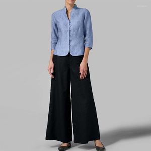 İş elbiseleri pamuk keten üstleri gömlek kadınlar ayarlı gevşek geniş bacak pantolon kıyafetleri moda katı 3/4 kollu tek göğüslü blazer ceket