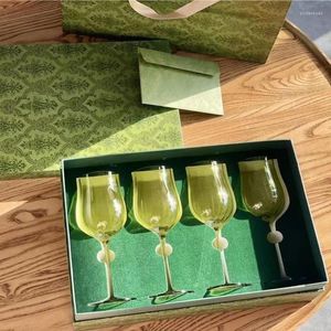 Wine Glasses European Retro Green Corrugated Red Glass Set Goblet Home Essential Gift Carved Peacock Green.
