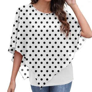 Kadın bluzları kadın yaz üstleri akışlı gömlek çift katmanlı polka dot baskılı şifon panço bluz gündelik kısa kollu gevşek