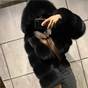 Women's Fur Faux Fur Winter Women Faux Fur Coat Thick Warm High Quality Full Sleeves Fur Fashion Hooded Short Jacket T231107