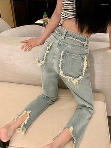 Jeans femininos rasgados mulheres verão chique moda reta all-match streetwear personalidade lavado adolescentes tornozelo comprimento casual estilo coreano