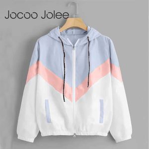 Women's Jackets Fashion Hooded Windbreaker Jacket Women Elegant Color Block Patchwork Zipper Bomber Jacket Autumn Casual Coat Outerwear Raincoat