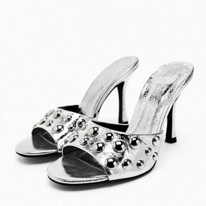 Sandalen Damen Silbrig Hochhackige Sommer Slides Squared Toe Studded Female Gold Heels Beach Heel Schuhe 230406