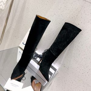 Aquazzura 프린지 포인트 가루 스웨이드 송아지 높이 부츠 스틸레토 힐스 여자 부츠 고급 디자이너 슬립 온 이브닝 파티 드레스 신발 공장 신발 크기 34-42