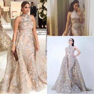 Champagne Sequined Applique Mermaid Overskirts Evening Dresses Yousef Aljasmi Dubai Arabic High Neck Plus Size Party Dresses BA8163