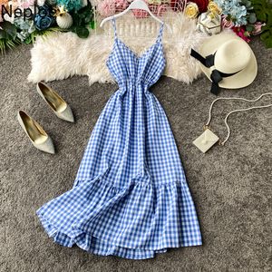 Casual Dresses Employee High midja Plaid En linje Vesido Holiday Beach Elegant Ruffled ärmlös Spaghetti-bandklänning V-Neck Summer Rope 230407