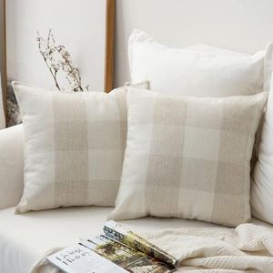 Pillow Farmhouse Plaid Polyester Linen Soft Solid Decorative Square Cream White Throw Cover Home Decor Outdoor Car Case