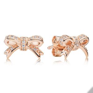 Rose Gold Bow Stud örhängen för Pandora 925 Sterling Silver Wedding Designer Earring Set Smycken för kvinnor Flickvän Gift Bowknot Earring med Original Box