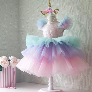Vestidos de menina meninas garotas de arco -íris unsicorn Princess Dress Camadas de bolo de tutu vestido de baile para crianças no horário de festa de festas formais de festa de festa vestidos 230406