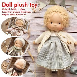 Dolls 30cm Handmade Plush Waldorf Soft Stuffed Cotton With Golden Curly Hair Fabric Toys Full Clothes Set 230407