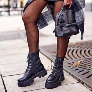 Botas de botas de raça de tornozelo de tornozelas plataformas de cor sólida Lace-up retalhos de retalhos de botas femininas