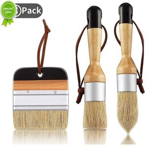 3-Pack Chalk & Wax Paint Brushes Set - Natural Bristle Wood Furniture and Wall Stencil Brushes
