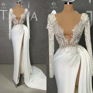 Elegant Mermaid Split Wedding Dresses Long Sleeve Beaded Bridal Gown Sexy Sheer V Neck Vestidos de novia