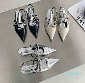 Sandaler Crystal Pointed Toe Square Heels Summer Shoes For Women Ankle Strap Female Pumps Black Slingback