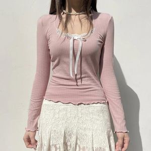 Mulheres camisetas Y2K Bow Square Collar Crop Top Manga Cheia Rosa Bonito Camisa Doce Mulheres Básico Casual Harajuku Pullovers Outono Inverno