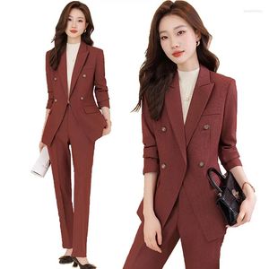 Calças femininas de duas peças moda senhoras pant terno mulheres negócios trabalho desgaste blazer e calças rosa preto vinho vermelho café formal 2 conjunto com