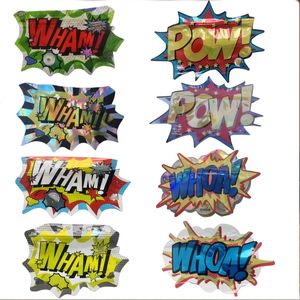 borsa in mylar di forma irregolare 3.5 WHAM WHOA POW cerniera lucida fustellata torta per bambini a forma di biscotto confezione in plastica personalizzata 7g oz pound imballaggio commestibile