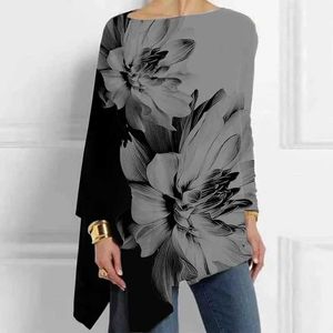 Blusas femininas camisas elegantes abstrato rosto impressão irregular camiseta topo verão casual manga longa blusa oversized vintage o pescoço harajuku camiseta