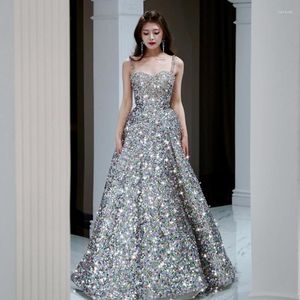 Ethnic Clothing Luxury Sparkly Exquisite Sequins Evening Dress Women Spaghetti Strap Sleeveless A-line Prom Party Gowns