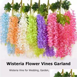 Flores decorativas grinaldas wisteria videira artificial coragem de casamento decoração de folhas rattan traseiro de seda flor parede dhdl2