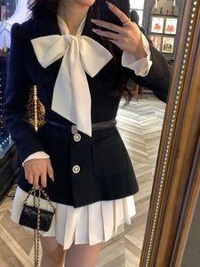 Two Piece Dress Black Elegant Party Mini Women Winter Bow Sweet Korean Style Pleated Dresses France Vintage Two piece and Coat 2023 231107