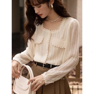 Women's Blouses Shirts MISHOW Mesh Lace Shirt Women Autumn Korean Square Collar Single Breasted Hollow Out Blouses In Chic Female Tops MXB34X0354 230406