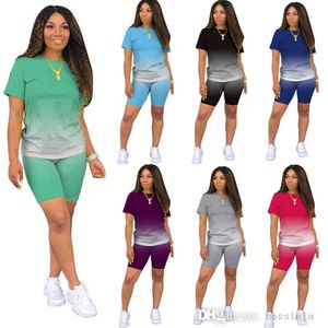 Gradient Träningsoveraller för kvinnor Designer 2-delad byxuppsättning Casual Sport Kortärmad T-shirt Biker Shorts Kostymer Damkläder Plus Size 3XL 4XL