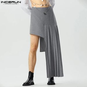 Calças masculinas moda vendendo calças masculinas incerun falso de duas peças sólidas pantalons casual pressionado plissado saias curtas calças S-5XL 231107