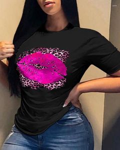 Damen T-Shirts Valentinstag Leopard Lippendruck Lässiges T-Shirt Mode 2023 Sommer Kurzarm Kleidung T-Shirts Pullover Tops