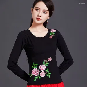 Roupas étnicas Vintage Camiseta Mulheres Outono Primavera México Estilo Hippie Manga Longa O Pescoço Preto Floral T-shirt Tee Tops