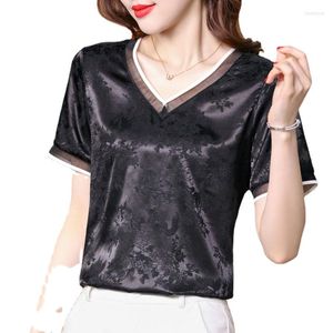 Women's T Shirts V-hals Satin T-shirts Kort ärm Loose Summer Women Tshirts 2023 Jacquard Tees Printed Patchwork Black Tops Female V2398