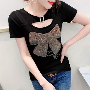 Women's T Shirts 2023 Summer European Clothes T-shirt Chic Sexig ihålig O-Neck Shiny Bowknot Diamonds Women Tops Short Sleeve Tees