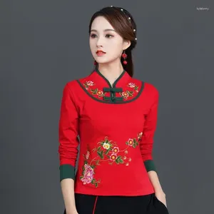 Ethnic Clothing Cheongsam Women's Plus Size Tops 2023 Autumn Cotton Blend Embroidery Splicing Stand Collar Chinese Qipao Shirts Woman